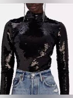FRAME Black Sequin Long-Sleeve Mock Neck Top